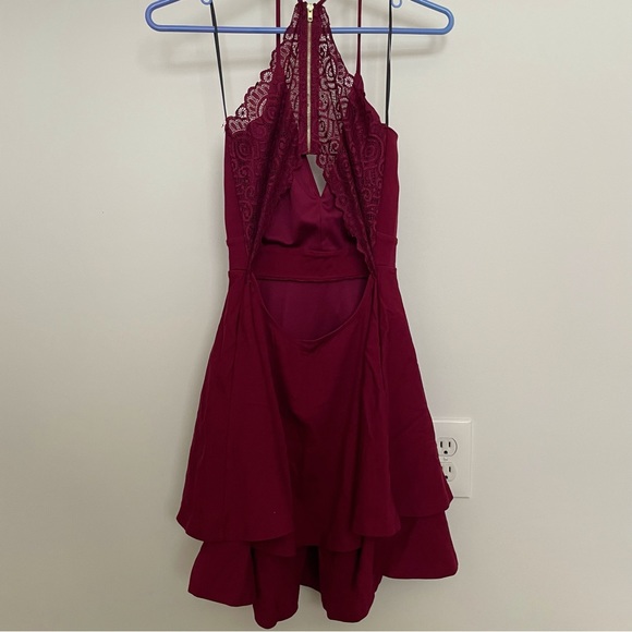 Burgundy Red Short Cocktail Dress | Windsor Women Large | Keyhole Lace Open Back - Picture 2 of 7